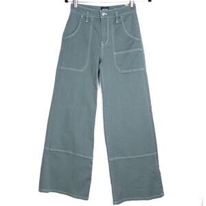 MAEVE Contrast Stitch Wide Leg Pants Mute Green High Rise Casual Women's 24